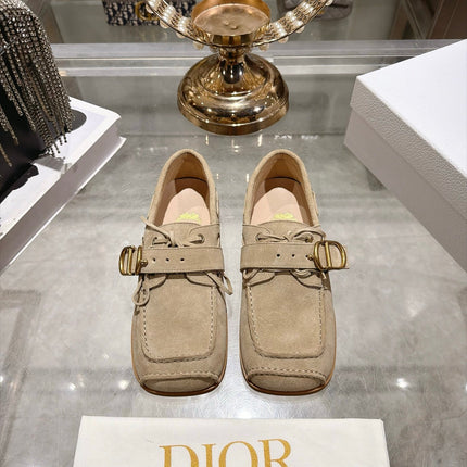 DIOR 26S SQUARE TOE BUCKLE LOAFERS 30MM IN BEIGE SUEDE GOLD HARDWARE