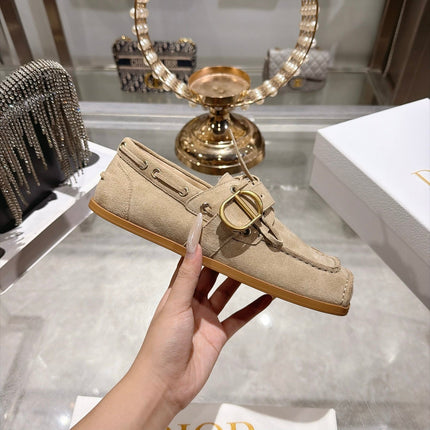 DIOR 26S SQUARE TOE BUCKLE LOAFERS 30MM IN BEIGE SUEDE GOLD HARDWARE