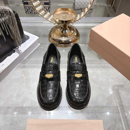 MIUMIU 26S BLOCK HEEL LOAFERS 25MM IN BLACK CROCODILE EMBOSSED CALFSKIN