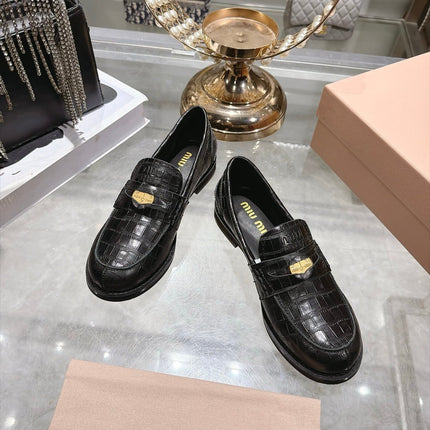 MIUMIU 26S BLOCK HEEL LOAFERS 25MM IN BLACK CROCODILE EMBOSSED CALFSKIN