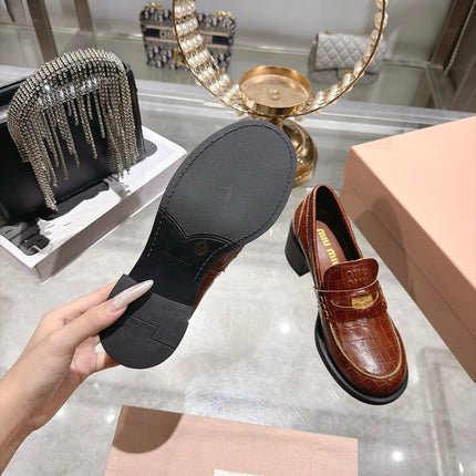 MIUMIU 26S BLOCK HEEL LOAFERS 55MM IN BROWN CROCODILE EMBOSSED CALFSKIN GOLD HARDWARE