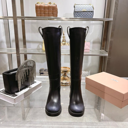 MIUMIU 26S KNEE HIGH BLOCK HEEL BOOTS 50MM IN BLACK CALFSKIN