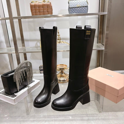 MIUMIU 26S KNEE HIGH BLOCK HEEL BOOTS 50MM IN BLACK CALFSKIN