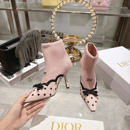 DIOR 26S POINTED TOE HIGH HEEL SOCK BOOTS 90MM IN LIGHT PINK AND BLACK KNIT FABRIC POLKA DOT
