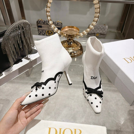 DIOR 26S POINTED TOE HIGH HEEL SOCK BOOTS 90MM IN WHITE AND BLACK KNIT FABRIC POLKA DOT