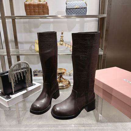 MIUMIU 26S KNEE HIGH EMBROIDERED BOOTS 50MM IN DARK BROWN CALFSKIN