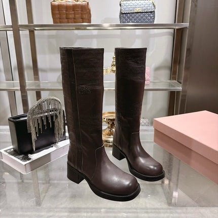 MIUMIU 26S KNEE HIGH EMBROIDERED BOOTS 50MM IN DARK BROWN CALFSKIN