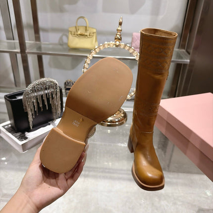 MIUMIU 26S KNEE HIGH EMBROIDERED BOOTS 50MM IN COGNAC BROWN CALFSKIN
