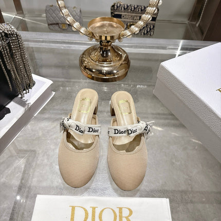 DIOR 26S LOW HEEL MULES 35MM IN BEIGE KNIT FABRIC WITH EMBROIDERED STRAP