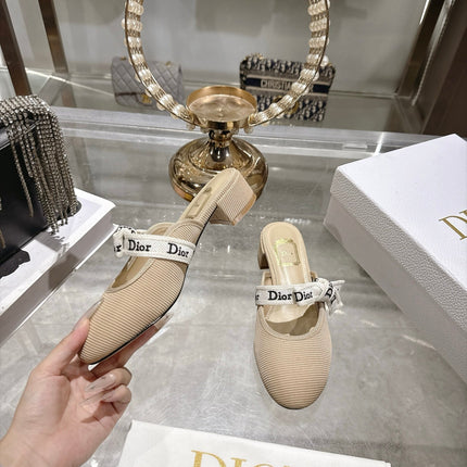 DIOR 26S LOW HEEL MULES 35MM IN BEIGE KNIT FABRIC WITH EMBROIDERED STRAP