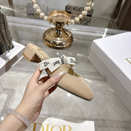 DIOR 26S LOW HEEL MULES 35MM IN BEIGE KNIT FABRIC WITH EMBROIDERED STRAP