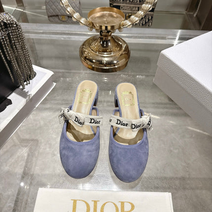 DIOR 26S LOW HEEL MULES 35MM IN DUSTY BLUE SUEDE WITH EMBROIDERED STRAP