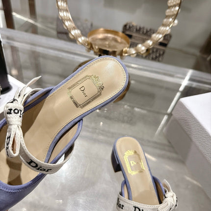 DIOR 26S LOW HEEL MULES 35MM IN DUSTY BLUE SUEDE WITH EMBROIDERED STRAP