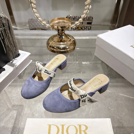 DIOR 26S LOW HEEL MULES 35MM IN DUSTY BLUE SUEDE WITH EMBROIDERED STRAP