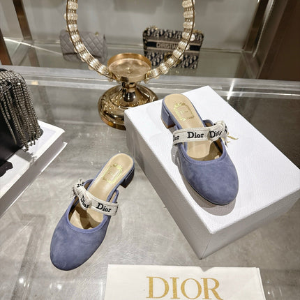 DIOR 26S LOW HEEL MULES 35MM IN DUSTY BLUE SUEDE WITH EMBROIDERED STRAP