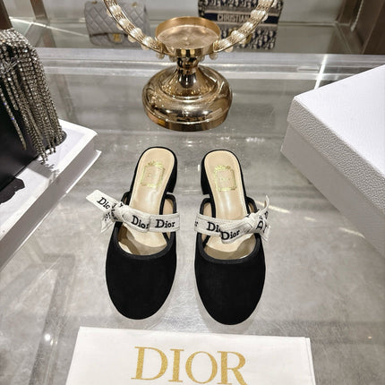 DIOR 26S LOW HEEL MULES 35MM IN BLACK SUEDE WITH EMBROIDERED STRAP