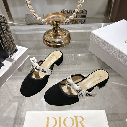 DIOR 26S LOW HEEL MULES 35MM IN BLACK SUEDE WITH EMBROIDERED STRAP