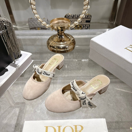 DIOR 26S LOW HEEL MULES 35MM IN NUDE BEIGE SUEDE WITH EMBROIDERED STRAP