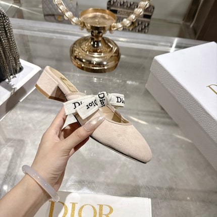 DIOR 26S LOW HEEL MULES 35MM IN NUDE BEIGE SUEDE WITH EMBROIDERED STRAP