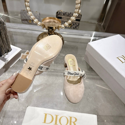 DIOR 26S LOW HEEL MULES 35MM IN NUDE BEIGE SUEDE WITH EMBROIDERED STRAP