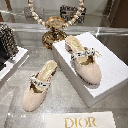 DIOR 26S LOW HEEL MULES 35MM IN NUDE BEIGE SUEDE WITH EMBROIDERED STRAP