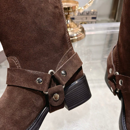 MIUMIU 26S KNEE HIGH BUCKLE BOOTS IN DARK BROWN SUEDE SILVER HARDWARE