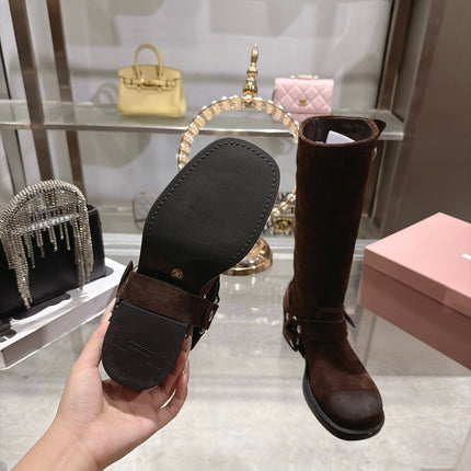 MIUMIU 26S KNEE HIGH BUCKLE BOOTS IN DARK BROWN SUEDE SILVER HARDWARE