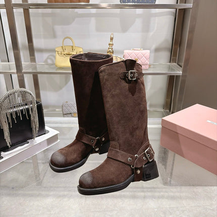 MIUMIU 26S KNEE HIGH BUCKLE BOOTS IN DARK BROWN SUEDE SILVER HARDWARE