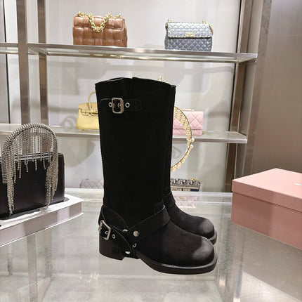 MIUMIU 26S KNEE HIGH BUCKLE BOOTS IN BLACK SUEDE SILVER HARDWARE