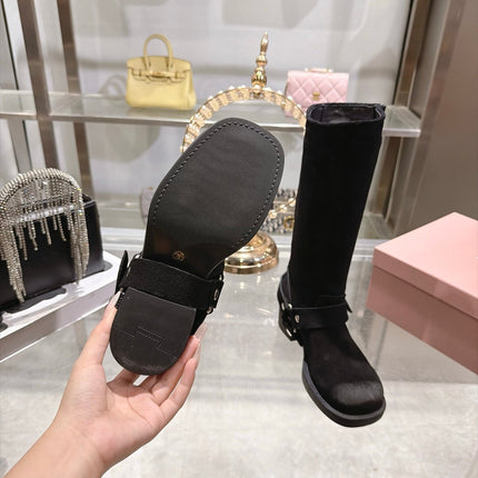 MIUMIU 26S KNEE HIGH BUCKLE BOOTS IN BLACK SUEDE SILVER HARDWARE