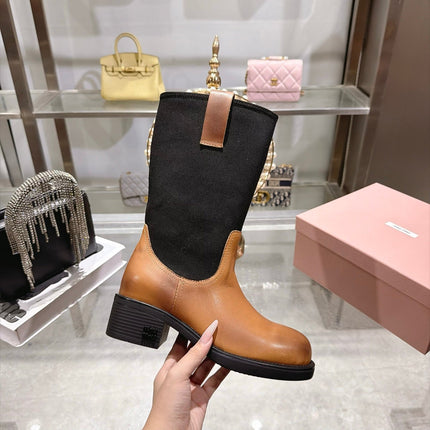 MIUMIU 26S MID CALF BLOCK HEEL BOOTS IN TAN BROWN CALFSKIN AND BLACK STRETCH FABRIC
