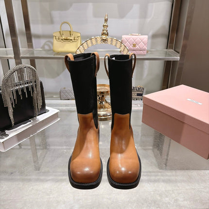 MIUMIU 26S MID CALF BLOCK HEEL BOOTS IN TAN BROWN CALFSKIN AND BLACK STRETCH FABRIC