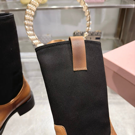 MIUMIU 26S MID CALF BLOCK HEEL BOOTS IN TAN BROWN CALFSKIN AND BLACK STRETCH FABRIC