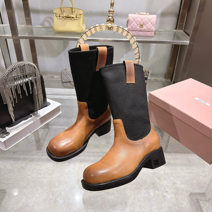 MIUMIU 26S MID CALF BLOCK HEEL BOOTS IN TAN BROWN CALFSKIN AND BLACK STRETCH FABRIC