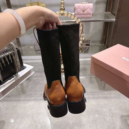 MIUMIU 26S MID CALF BLOCK HEEL BOOTS IN TAN BROWN CALFSKIN AND BLACK STRETCH FABRIC