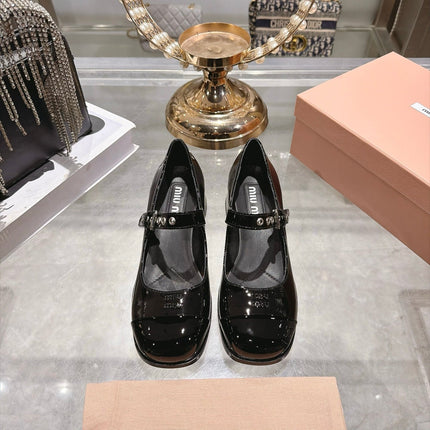 MIUMIU 26S MARY JANE BLOCK HEEL 45MM IN BLACK PATENT CALFSKIN