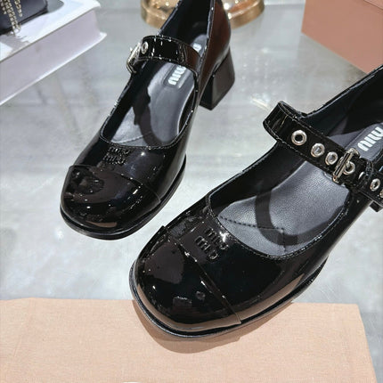MIUMIU 26S MARY JANE BLOCK HEEL 45MM IN BLACK PATENT CALFSKIN
