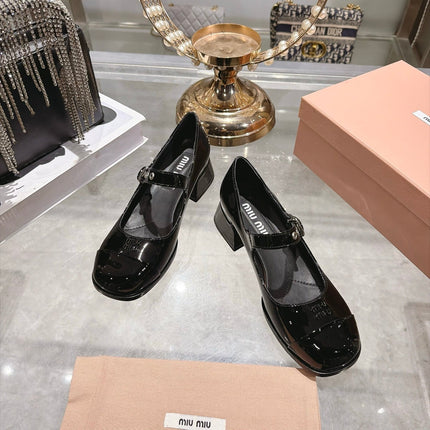 MIUMIU 26S MARY JANE BLOCK HEEL 45MM IN BLACK PATENT CALFSKIN