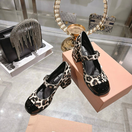 MIUMIU 26S MARY JANE BLOCK HEEL 75MM IN LEOPARD PRINT PONY HAIR AND BLACK PATENT CALFSKIN CAP TOE