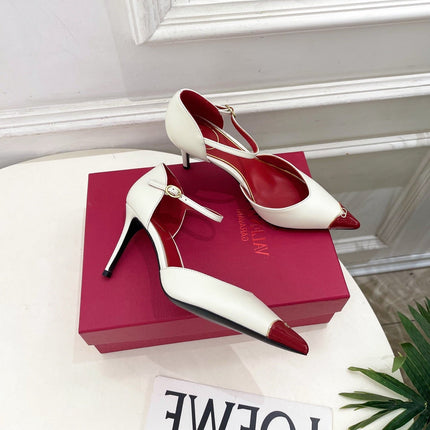 VALENTINO 26S ANKLE-STRA PUMPS 85 MM IN OFF-WHITE AND RED CALFSKIN