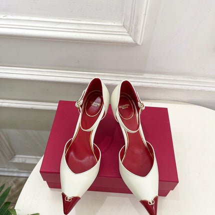 VALENTINO 26S ANKLE-STRA PUMPS 85 MM IN OFF-WHITE AND RED CALFSKIN