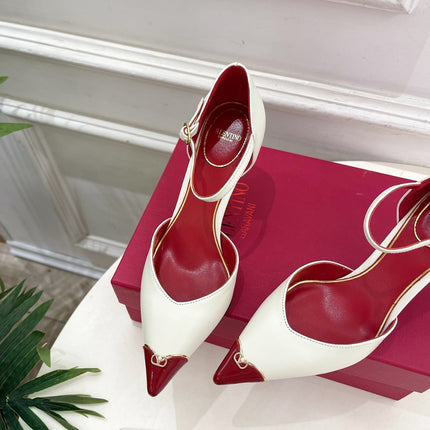 VALENTINO 26S ANKLE-STRA PUMPS 85 MM IN OFF-WHITE AND RED CALFSKIN