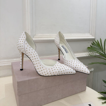 JIMMY CHOO 26S HIGH HEELS 100 MM IN OFF WHITE CALFSKIN WITH ROUND STUDS