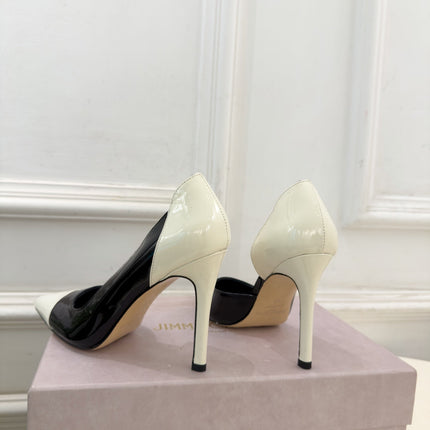 JIMMY CHOO 26S HIGH HEELS 100 MM IN CREAM WHITE AND BLACK SHINY CALFSKIN