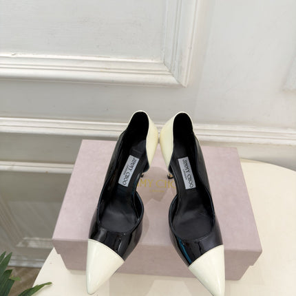 JIMMY CHOO 26S HIGH HEELS 100 MM IN CREAM WHITE AND BLACK SHINY CALFSKIN