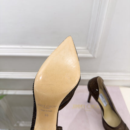 JIMMY CHOO 26S HIGH HEELS 100 MM IN DARK BROWN MESH FULLY EMBELLISHED WITH CRYSTALS