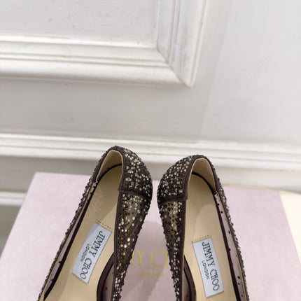 JIMMY CHOO 26S HIGH HEELS 100 MM IN DARK BROWN MESH CRYSTAL-EMBELLISHED