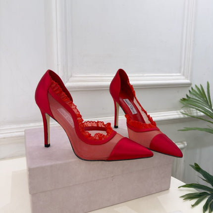 JIMMY CHOO 26S POINTED-TOE HEELS 100 MM IN RED SATIN AND MESH