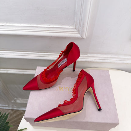 JIMMY CHOO 26S POINTED-TOE HEELS 100 MM IN RED SATIN AND MESH