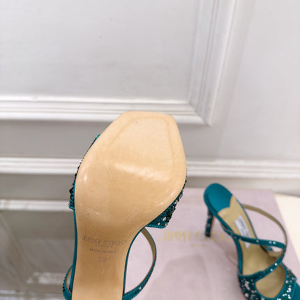 JIMMY CHOO 26S HEEL SANDALS 100 MM IN PEACOCK GREEN SATIN WITH MULTICOLORED CRYSTALS